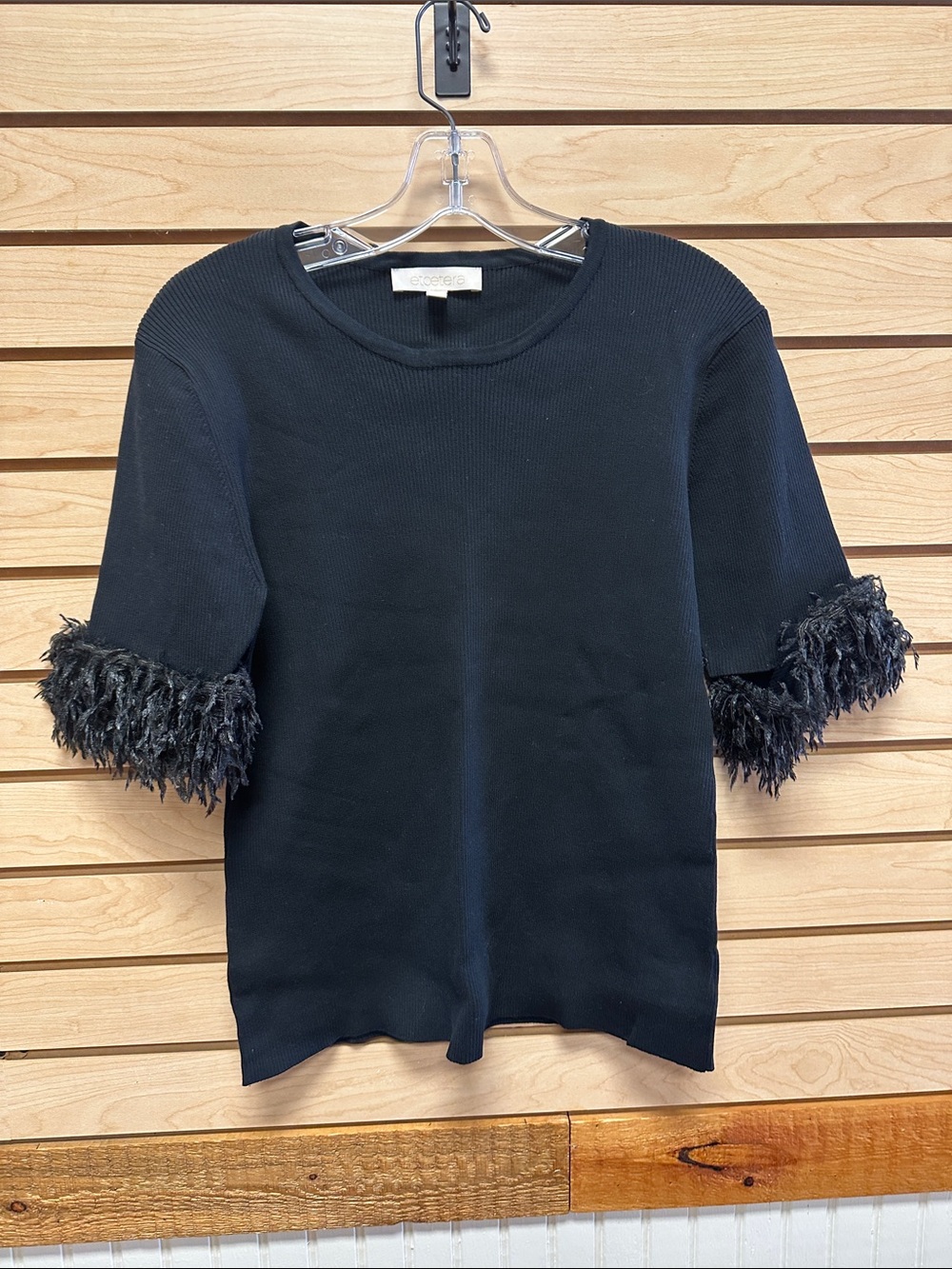 Etcetera Black Short-Sleeve Knit Top with Feathered Cuffs